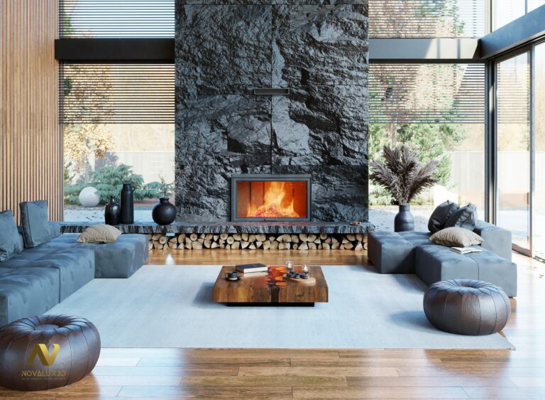 Rendu 3D photoréaliste d’un loft contemporain avec cheminée en pierre noire, canapés gris, table basse bois et grandes baies vitrées, vue frontale du salon.