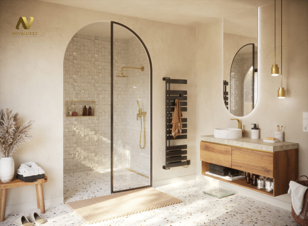 Salle de bain 3D bord de mer – Rendu photoréaliste & design naturel