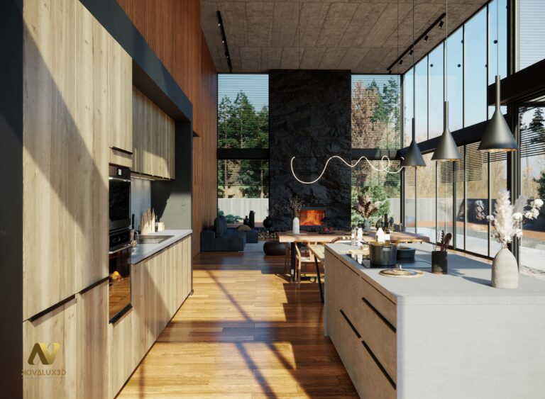 Rendu 3D photoréaliste d’un loft avec cuisine ouverte, grand îlot, salle à manger et façade vitrée toute hauteur, vue depuis l’espace cuisine vers le salon cheminée.