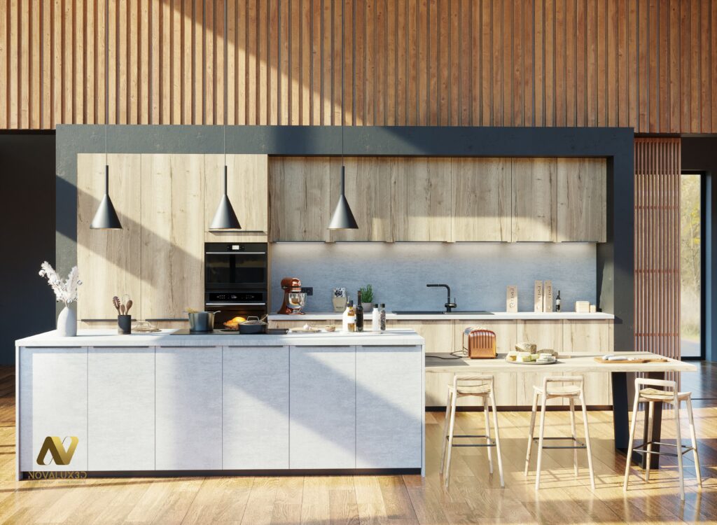 Cuisine design moderne avec îlot central – Rendu 3D réaliste