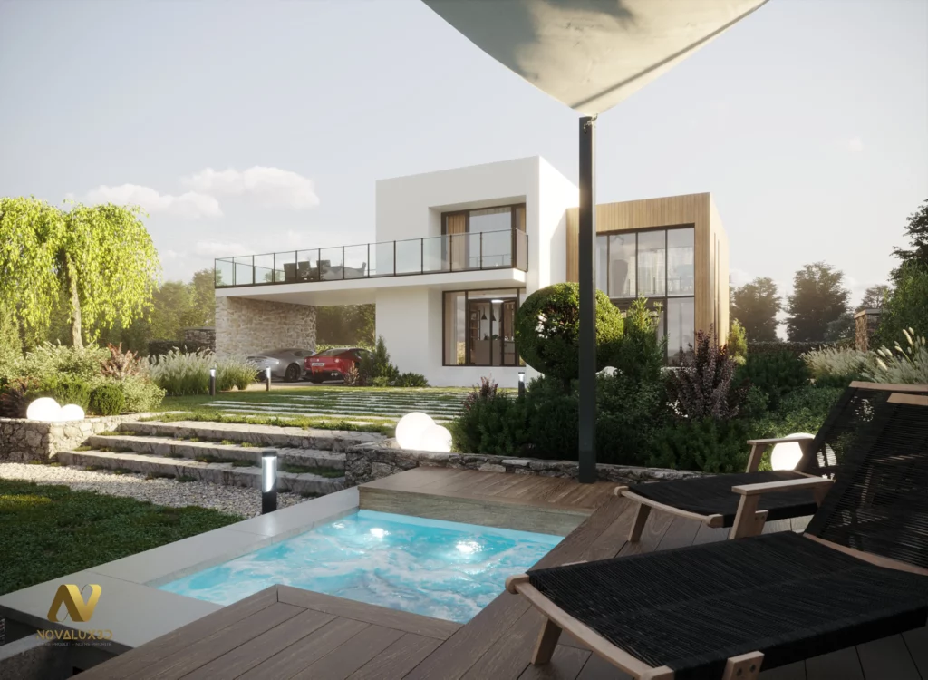Maison moderne avec spa et jardin paysager – Inspiration 3D