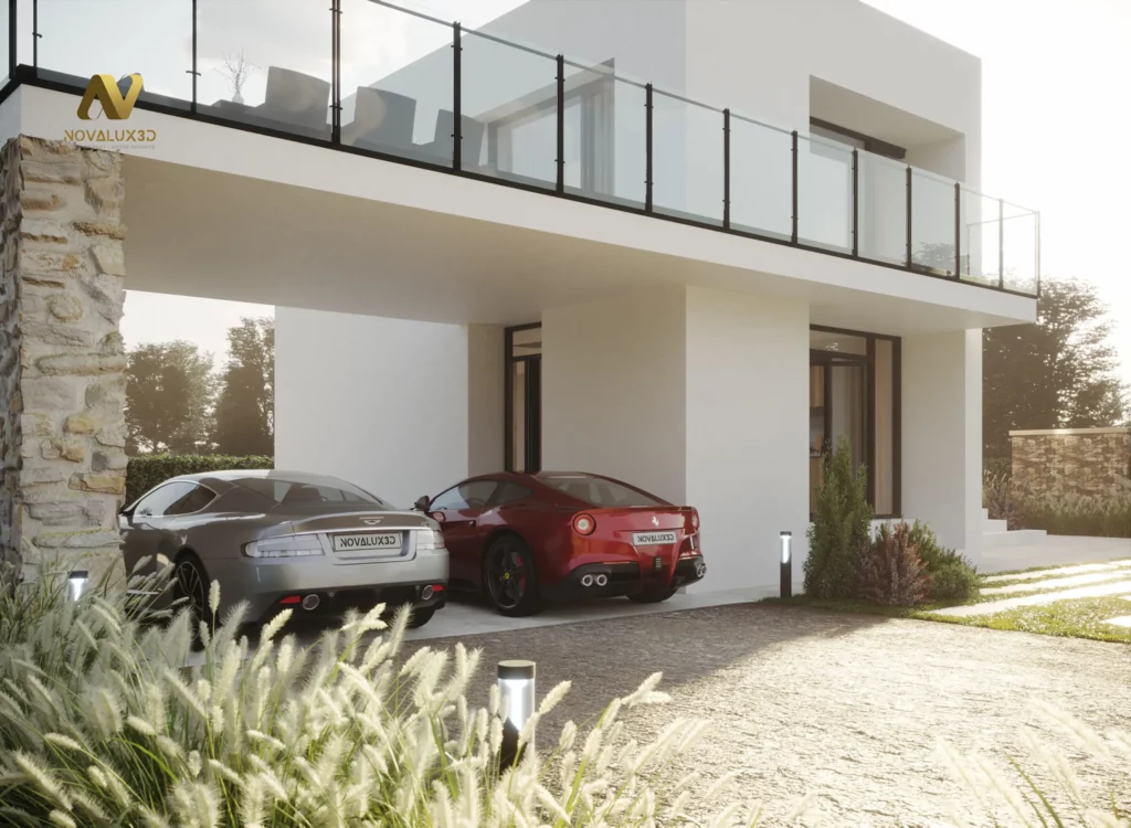 Villa moderne avec garage design et voitures de prestige – Rendu 3D