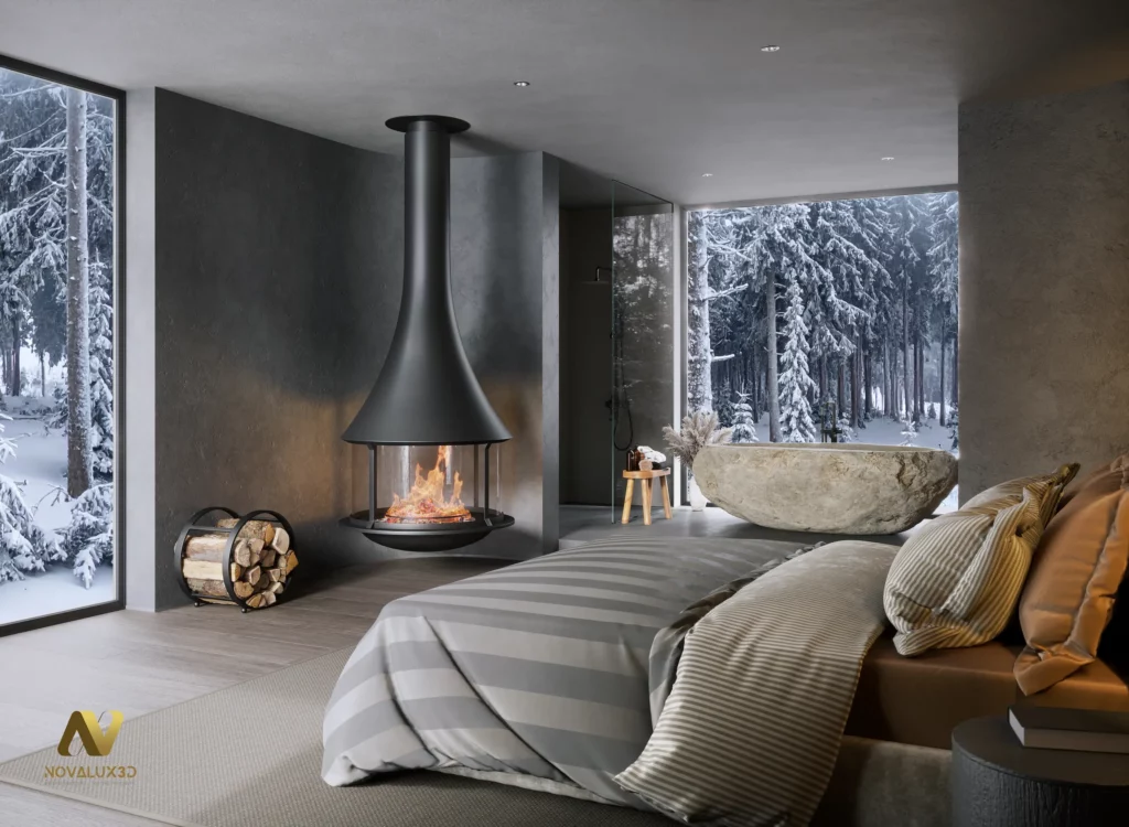 Chambre design avec cheminée suspendue