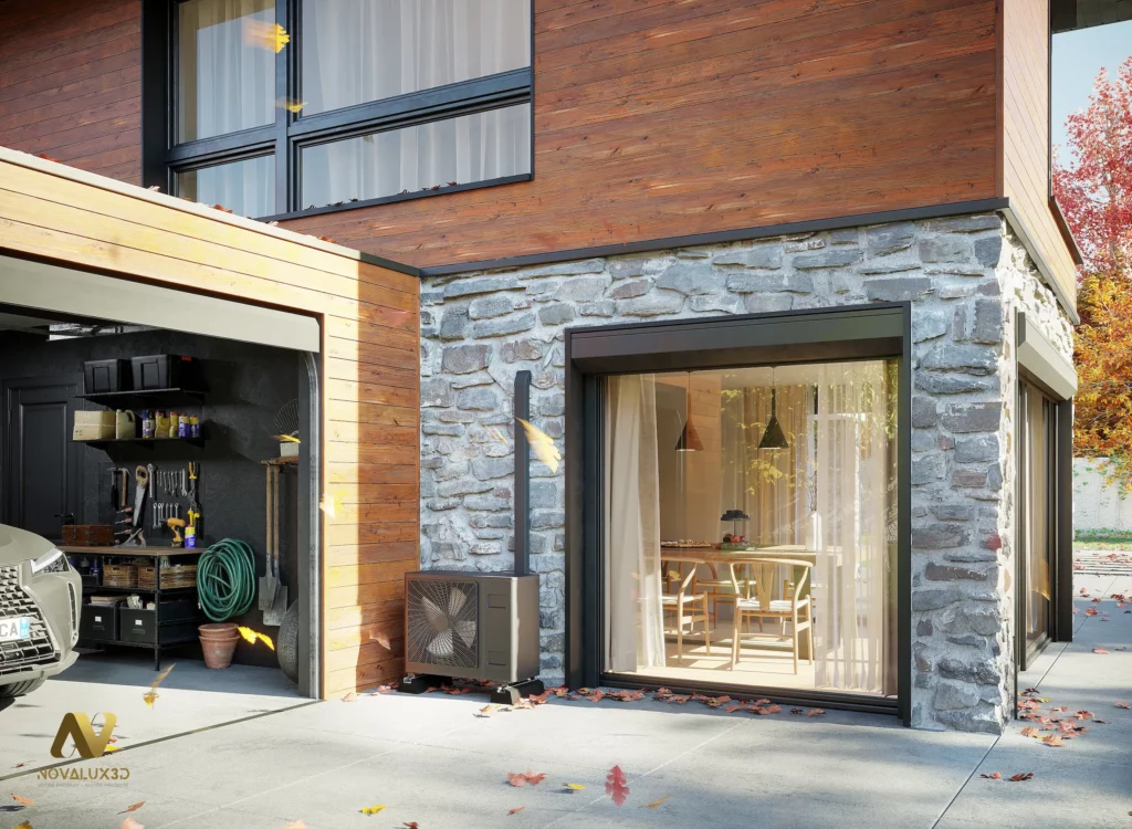 Pompe à chaleur en situation réelle – Rendu 3D extérieur automnal