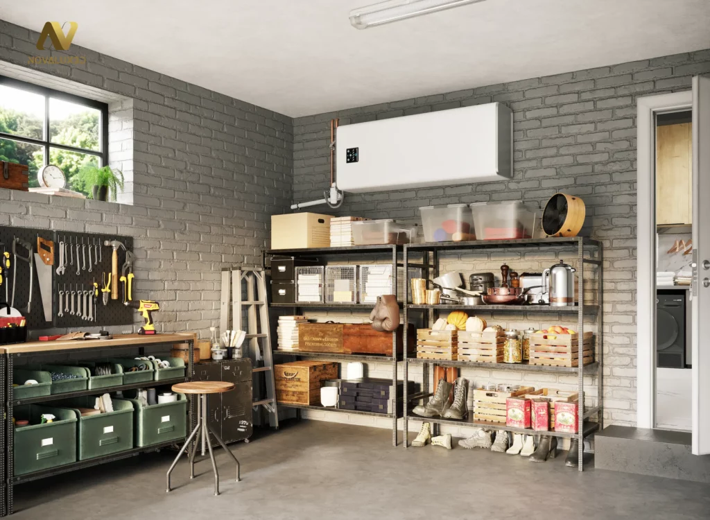 Garage organisé & réaliste – Ambiance 3D avec chauffe-eau mural