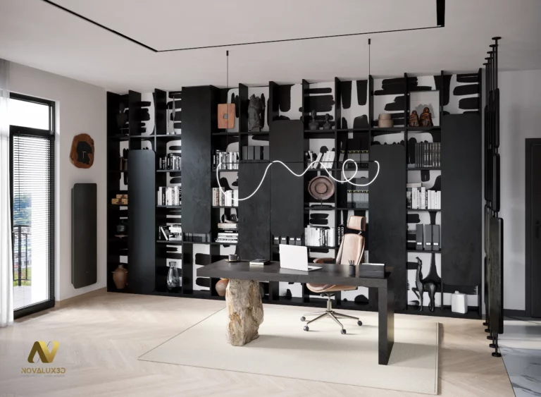 Rendu 3D photoréaliste d’un bureau contemporain graphique avec grande bibliothèque noir et blanc, bureau noir, pied en pierre et luminaire néon suspendu, vue d’ensemble.