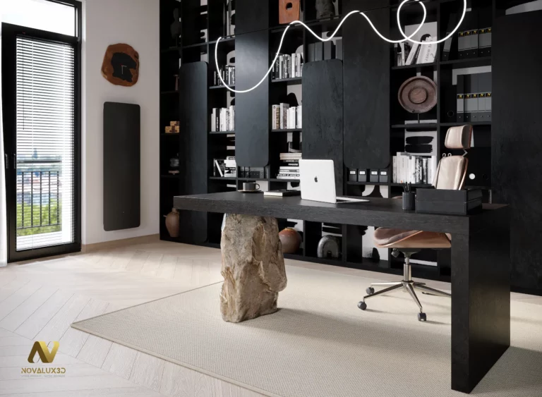 Rendu 3D photoréaliste d’un bureau design avec plateau noir, piètement en pierre, fauteuil cuir et bibliothèque noir et blanc, vue rapprochée côté poste de travail.