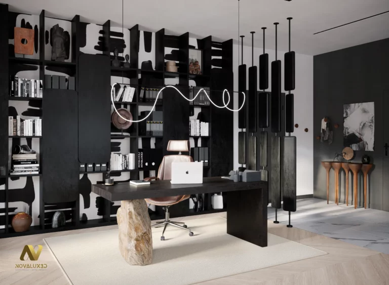 Rendu 3D photoréaliste d’un bureau contemporain avec bibliothèque graphique, bureau noir, claustra vertical sombre et console décorative, vue grand angle côté entrée.