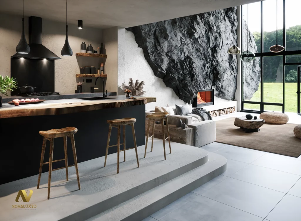 Salon 3D design brut – Rendu réaliste pierre & bois massif