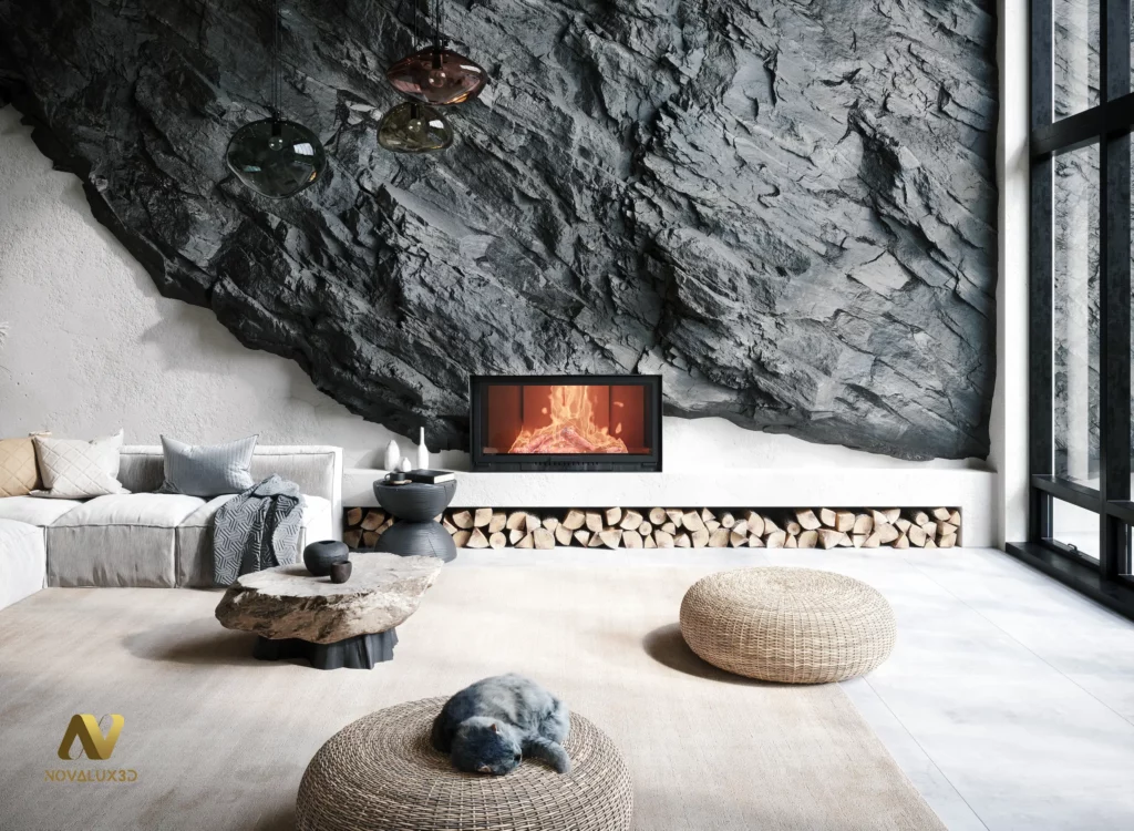 Salon 3D design brut – Rendu réaliste pierre & bois massif