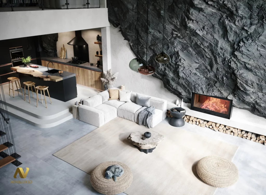 Salon 3D design brut – Rendu réaliste pierre & bois massif