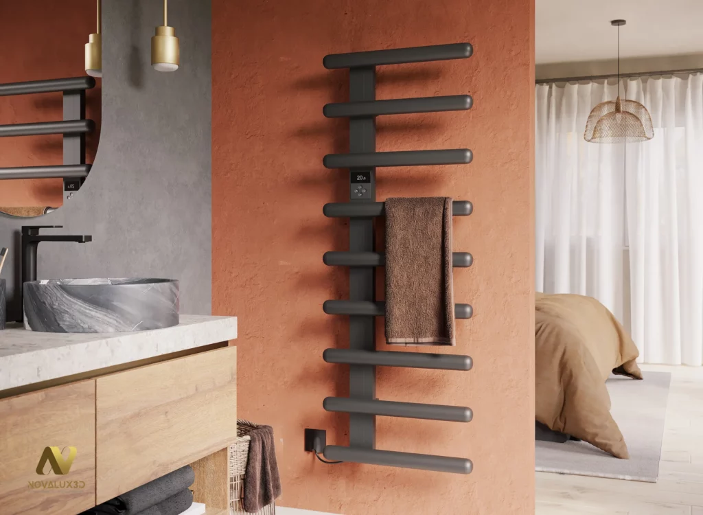 Sèche-serviettes design terracotta – Mise en situation 3D réaliste