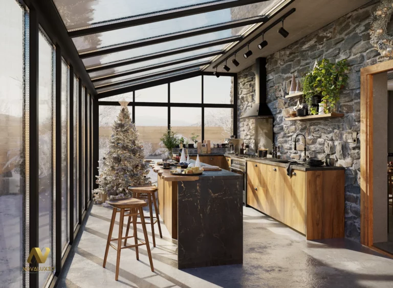 endu 3D photoréaliste d’une cuisine de Noël avec verrière, murs en pierre, meubles bois, îlot central et sapin décoré, vue d’ensemble.