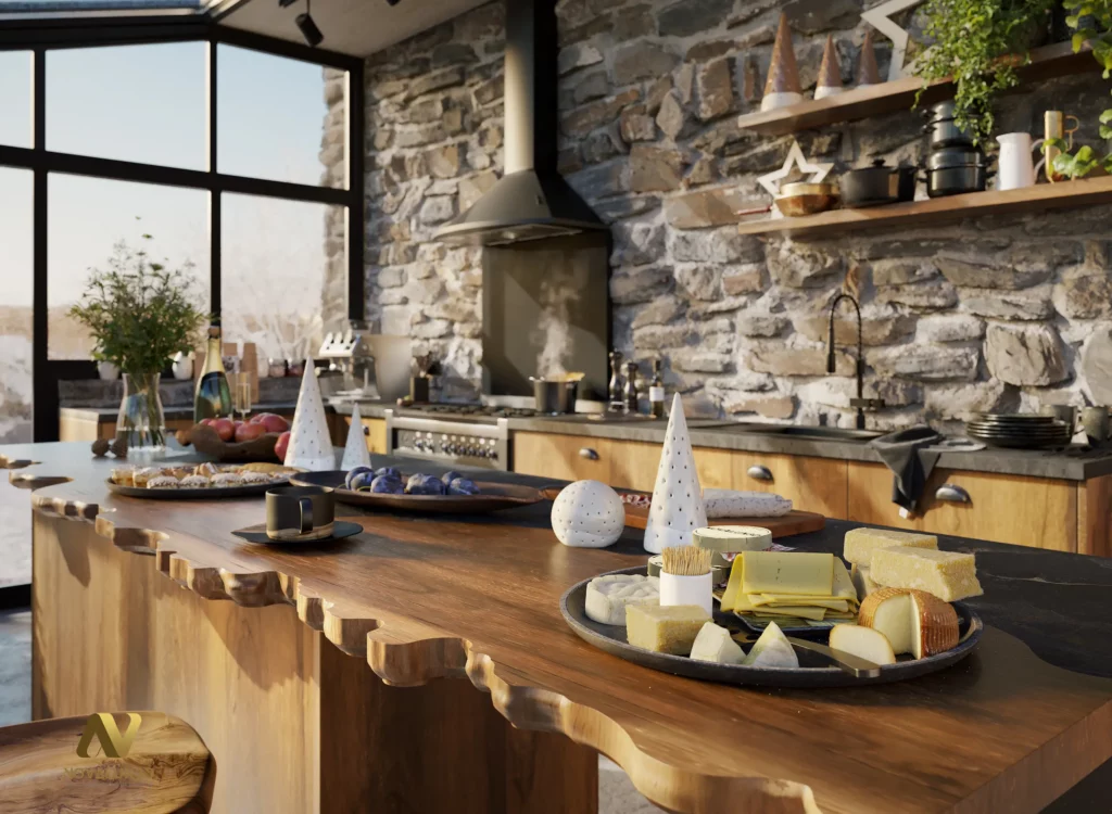 Rendu 3D photoréaliste d’un îlot de cuisine en bois avec table conviviale, mise en scène apéritif de Noël, mur en pierre et évier, vue rapprochée.