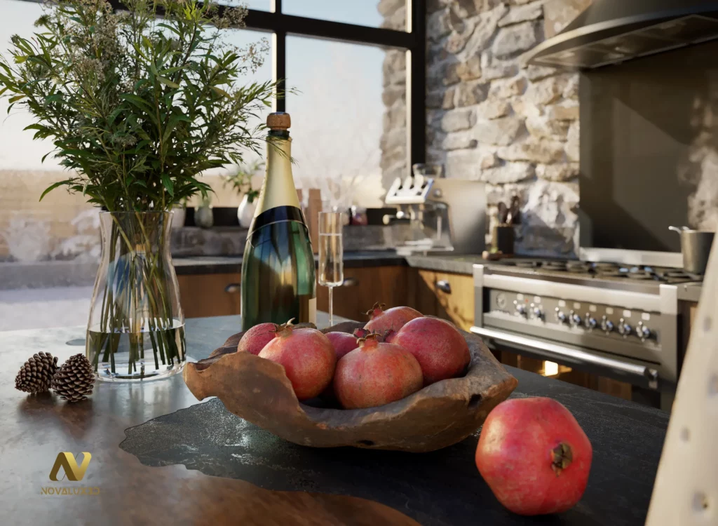 Rendu 3D photoréaliste d’une nature morte sur plan de travail en cuisine : bouteille, flûte, vase et fruits, avec arrière-plan pierre et verrière, vue rapprochée.