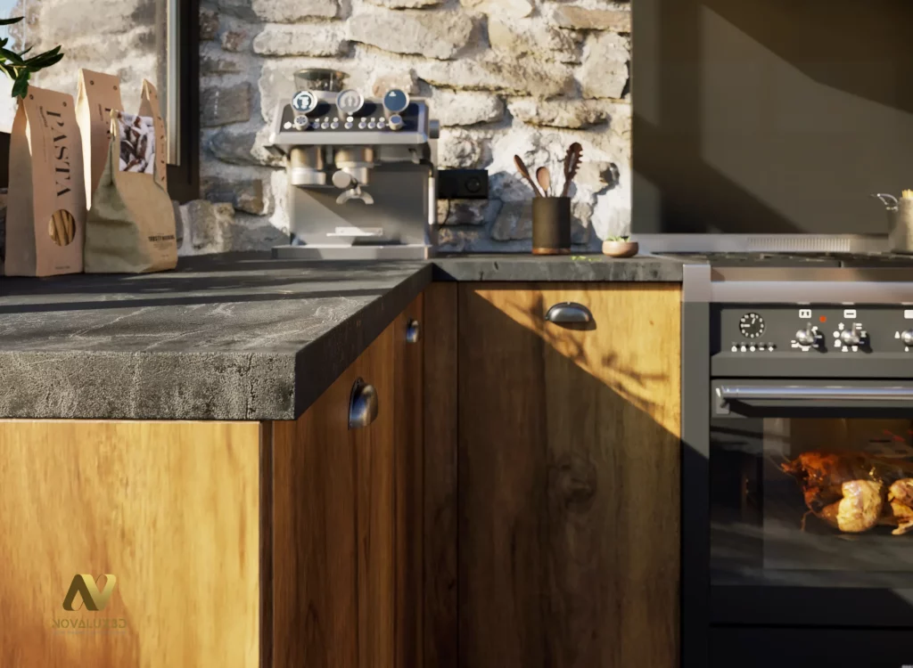 Rendu 3D photoréaliste d’un détail de cuisine avec plan de travail sombre, meubles bois, mur en pierre, machine à café et four en fonctionnement, vue rapprochée.