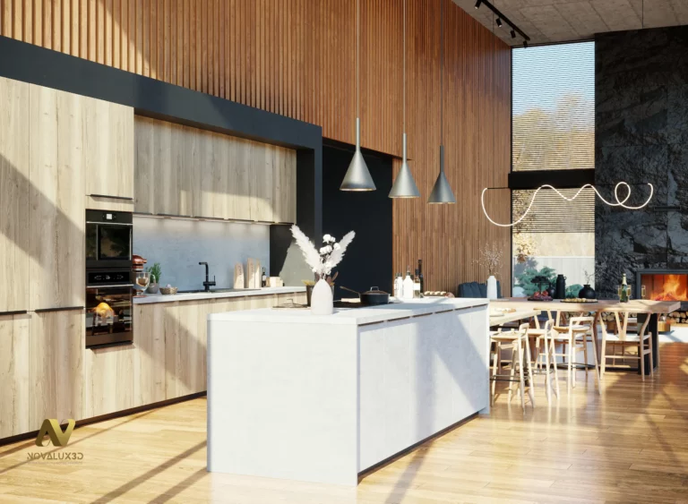 Rendu 3D photoréaliste d’une cuisine moderne avec îlot blanc, plan de travail, crédence sobre, suspensions coniques et parement bois vertical, perspective ouverte vers l’espace repas et le salon.