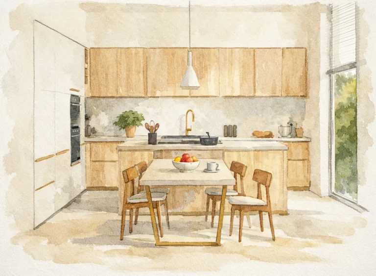 Illustration type croquis aquarelle d’une cuisine moderne avec îlot central, table et luminaires suspendus, représentant la composition générale et l’ambiance.
