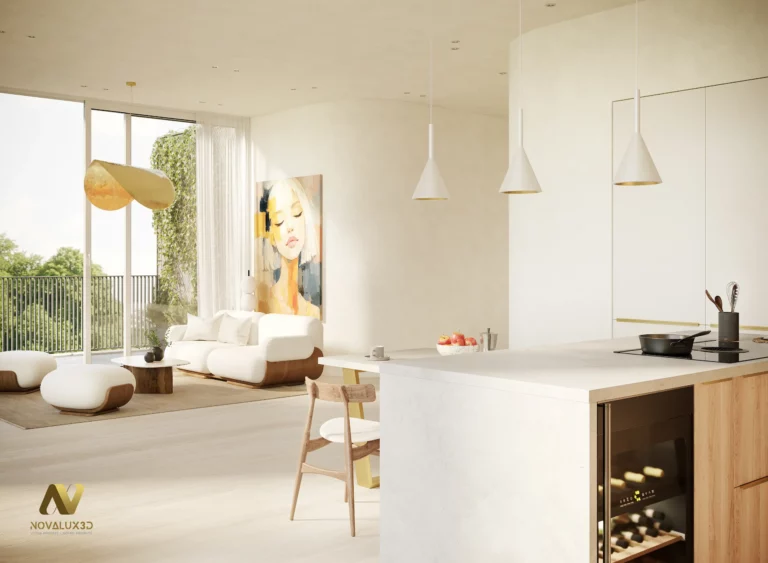 Rendu 3D photoréaliste d’une cuisine ouverte sur le séjour avec îlot central, table repas et grands volumes lumineux, mettant en valeur la continuité des matériaux et la circulation.