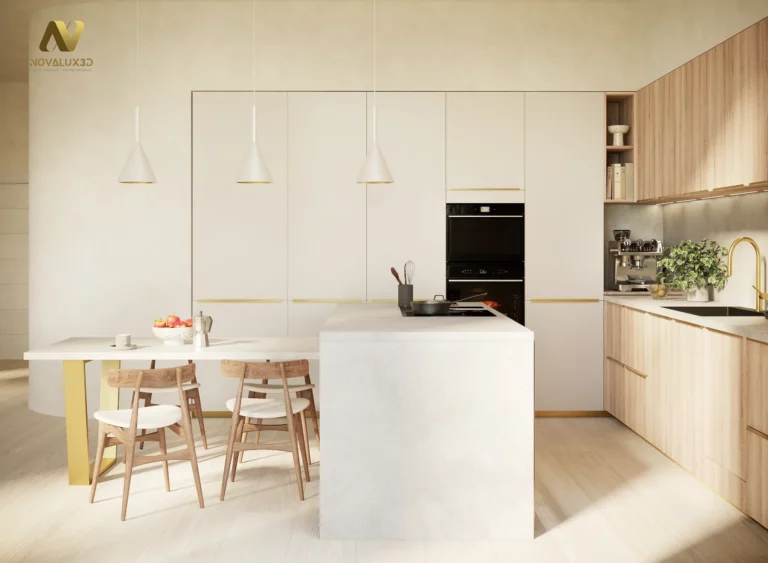 Rendu 3D photoréaliste d’une cuisine moderne avec colonnes intégrées, zone four et rangements, îlot central et linéaire bois clair, mettant en avant l’organisation et les détails de mobilier.