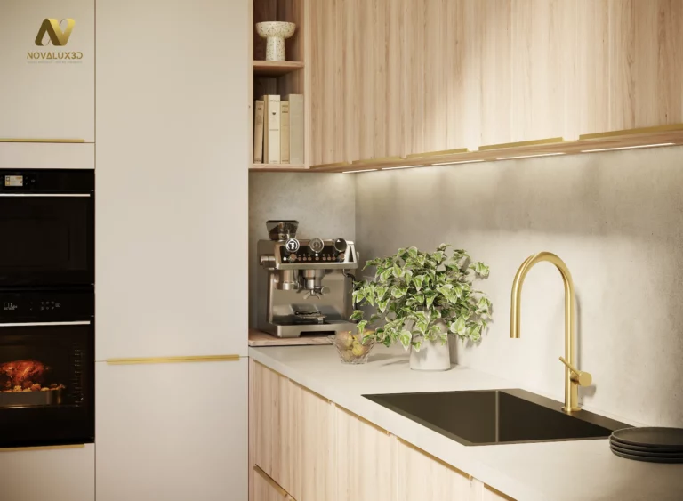 Gros plan photoréaliste d’un plan de travail blanc avec évier noir encastré, robinet doré, machine à café, plante décorative, niche étagères et éclairage LED sous meubles hauts.