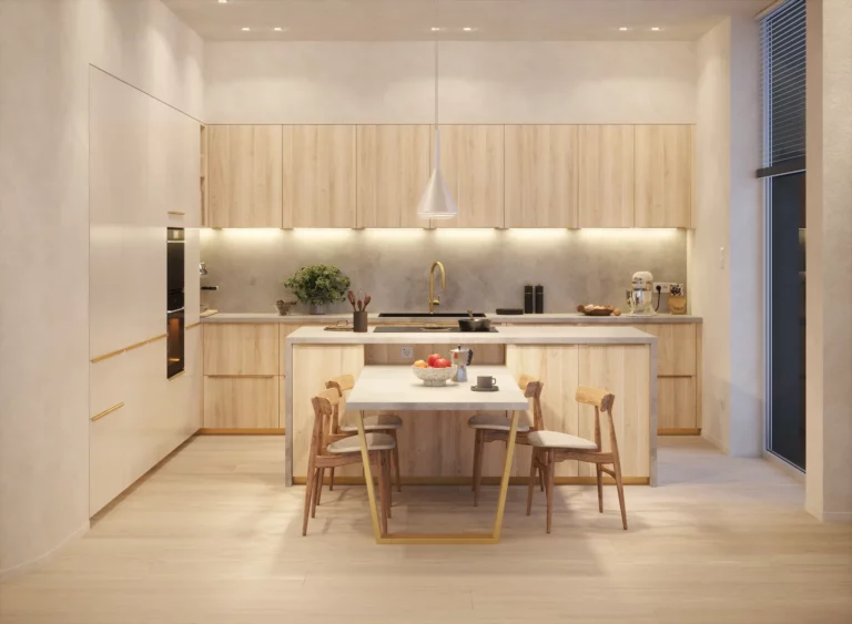 Rendu 3D photoréaliste d’une cuisine moderne en ambiance nocturne avec éclairage LED sous meubles hauts, îlot central et coin repas, mettant en valeur la chaleur lumineuse et la profondeur des matières.