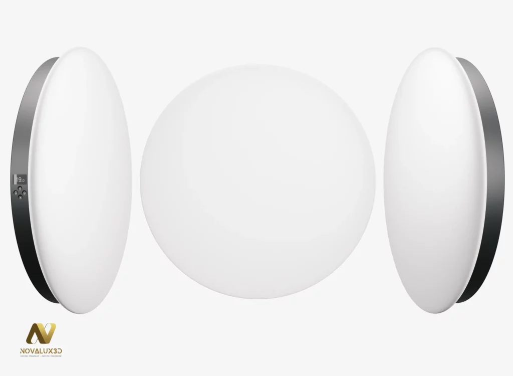 Packshot 3D photoréaliste sur fond blanc d’un radiateur blanc présenté en trois angles sur la même image : vue de face avec commandes et vue 3/4.