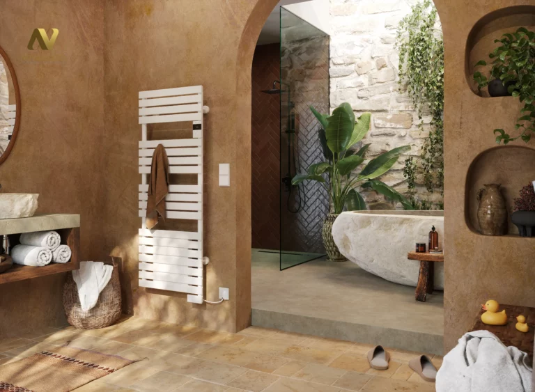 Rendu 3D photoréaliste mettant en avant un radiateur sèche-serviettes blanc avec serviette, devant une arche en enduit ocre ouvrant sur une baignoire en pierre et une paroi de douche en verre, avec plantes tropicales et mur en pierre naturelle.