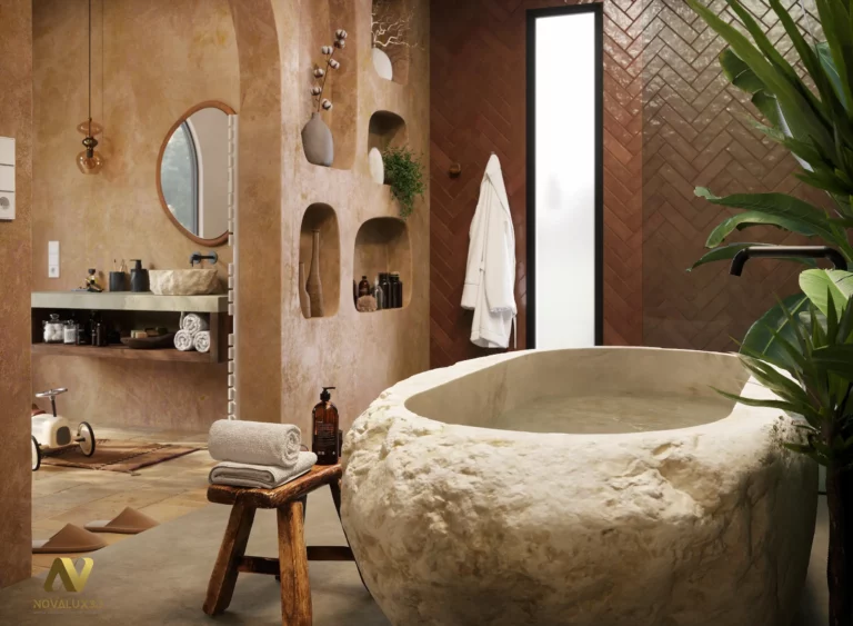 Rendu 3D photoréaliste d’une baignoire en pierre sculptée remplie d’eau, avec tabouret en bois et serviettes, en premier plan d’une douche à paroi vitrée et d’un mur en pose chevron brun, entouré de végétation luxuriante.