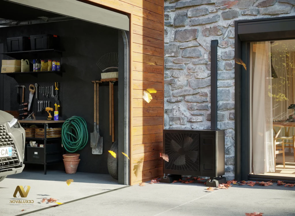 Rendu 3D photoréaliste d’un garage ouvert avec établi et outils, façade bois et pierre, unité extérieure de pompe à chaleur et feuilles d’automne au sol, vue extérieure.