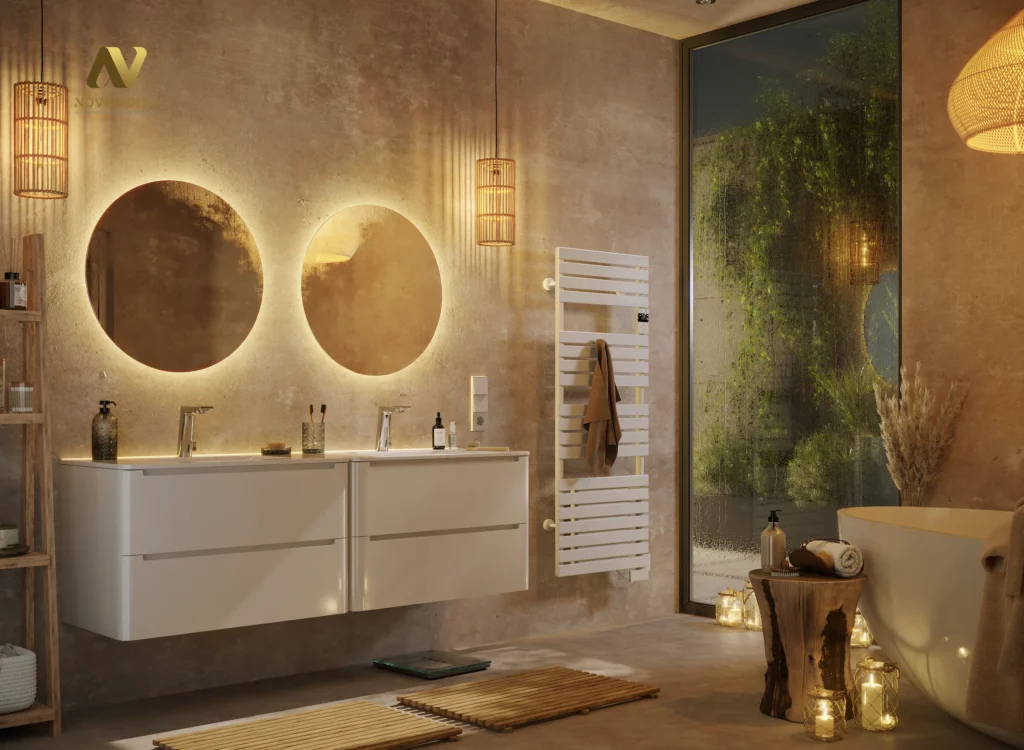 Rendu 3D photoréaliste d’une salle de bain cocooning avec double meuble vasque blanc, deux miroirs ronds rétroéclairés, sèche-serviettes mural, baignoire îlot et grande baie vitrée avec buée et végétation.