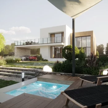 Rendu 3D photoréaliste d’un jardin paysager avec escaliers en pierre, petit bassin/piscine, transats, voile d’ombrage et éclairages décoratifs, ambiance chaleureuse.